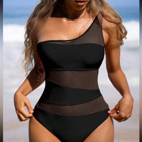 Luxe mesh insert color block one shoulder swimsuit - Picture 6 of 15